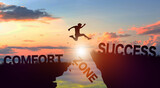 Silhouette man jumping form cliff to another mountain with Comfort zone to Success. Successful in business Concept. Copy space.