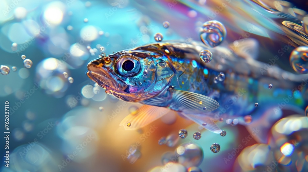 A fish gracefully swims in clear water, its scales glistening under the light A fish gracefully swims in clear water, its scales glistening under the light