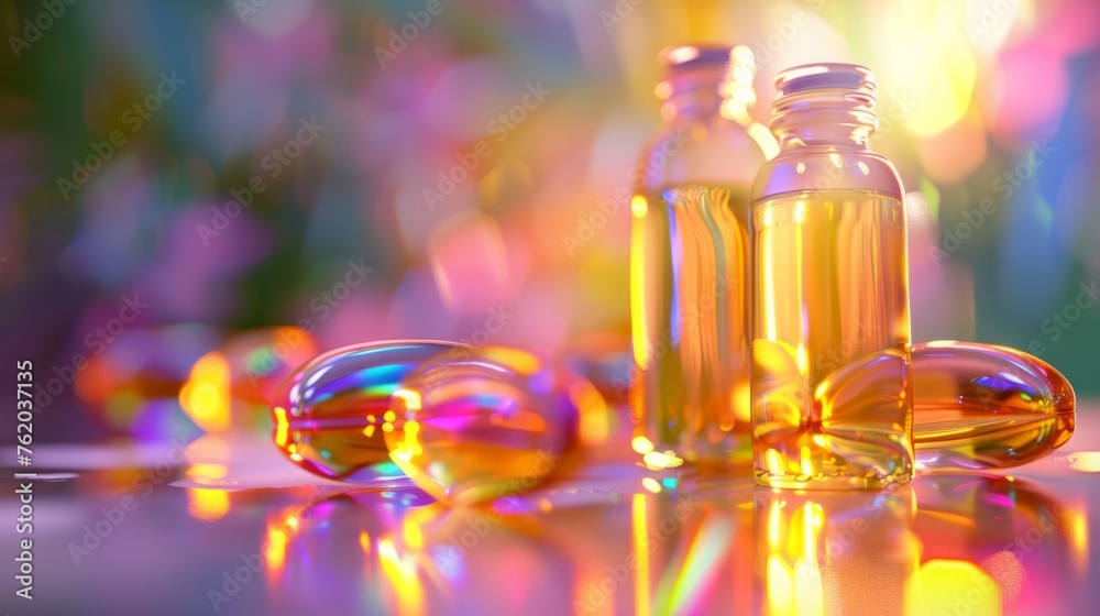 A collection of glass bottles placed on a table in an elegant still life composition A collection of glass bottles placed on a table in an elegant still life composition