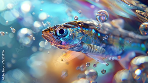 A fish gracefully swims in clear water, its scales glistening under the light