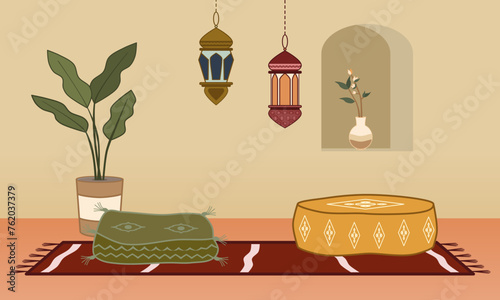 Moroccan, Arab, or Indian interior design with cushions and lantern lamp. Vector illustration.