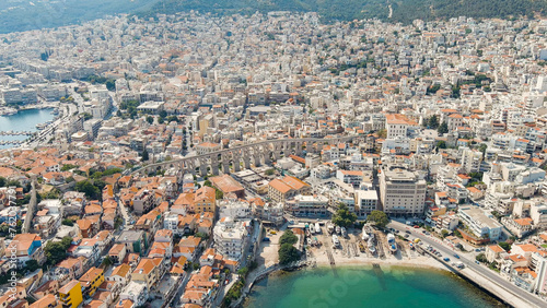 Kavala, Greece. Aqueduct. Historic city center. Summer, Aerial View