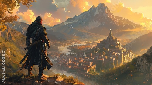 A warrior standing on hill with a fantasy castle town in the background © meta