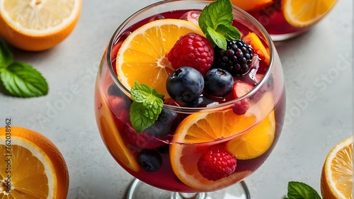 A refreshing glass of sangria filled with slices of citrus fruits and plump berries, garnished with fresh mint leaves