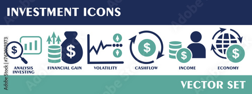 Investment icons. Containing analysis investing, financial gain, volatility,  cashflow, income, economy. Solid icon collection. Vector set.