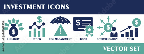 Investment icons. Containing liquidity, stock, risk management, bond, diversification, yield. Solid icon collection. Vector set. photo