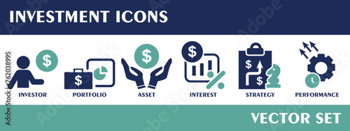 Investment icons. Containing investor, portfolio, asset, interest, strategy, performance. Solid icon collection. Vector set.