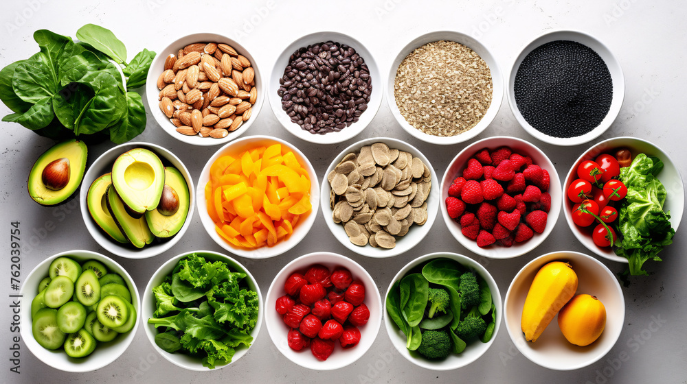 Collection of fruits, vegetables, nuts, leaves in white bowls -Top View Collection of fruits, vegetables, nuts, leaves in white bowls -Top View