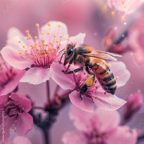 A diligent honey bee collects pollen on a spring day, its body dusted with yellow amidst the soft pink cherry blossoms that symbolize renewal.