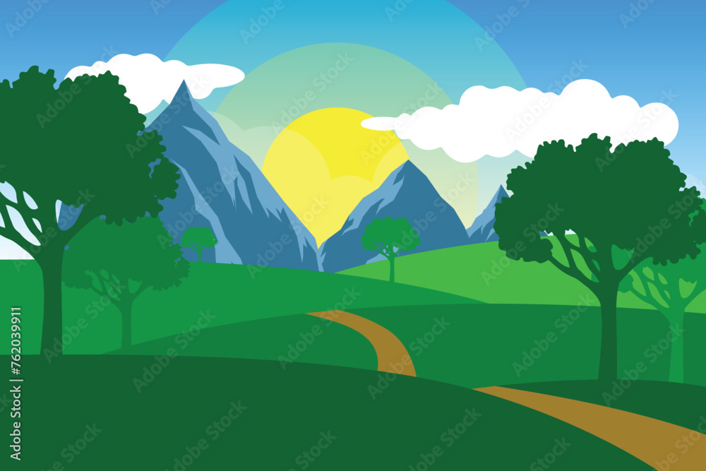 Hand drawn beautiful mountains landscape wallpaper with natural theme