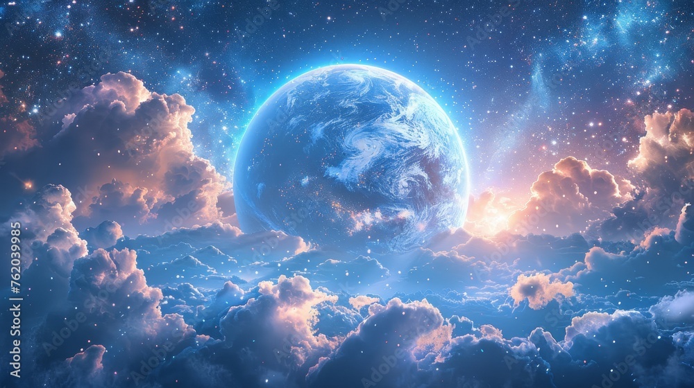 A majestic view of Earth, as seen from space, rises above a sea of clouds, set against a backdrop of distant stars and the cosmos, highlighting the planet's beauty and fragility.