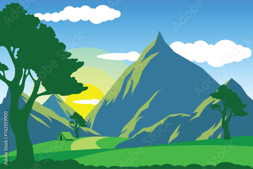 Hand drawn beautiful mountains landscape wallpaper with natural theme