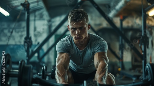 A muscular athlete is captured mid-stroke on an indoor rowing machine, showcasing determination and strength as sweat glistens on his well-defined muscles.