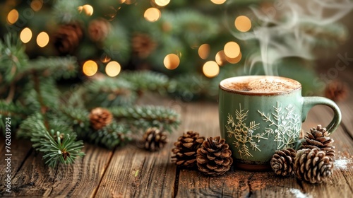 In the midst of a magical winter scene, a steaming mug of hot chocolate is surrounded by pine cones and holiday lights, evoking a sense of warmth and festivity.