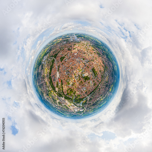Bruges, Belgium. City center and surroundings. Residential and industrial areas. Panorama of the city. Summer day, cloudy weather. 360 degree aerial panoramic asteroid