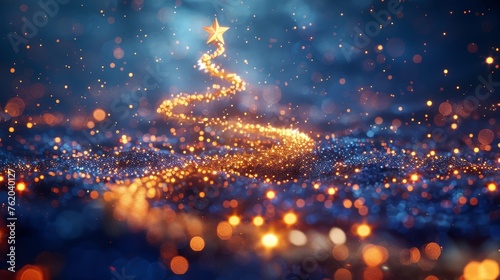 A wide digital illustration of an abstract Christmas scene, featuring a stylized, glowing Christmas tree made of golden glitter forming a swirling trail leading to the star at the top.