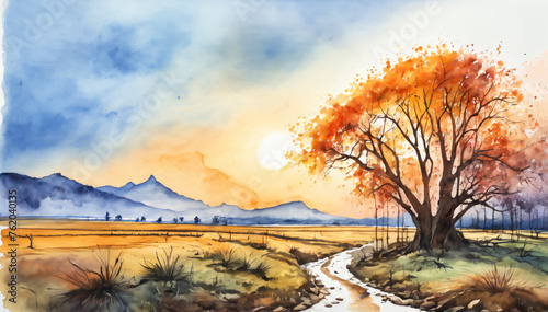 Autumn Countryside Sunset Watercolor