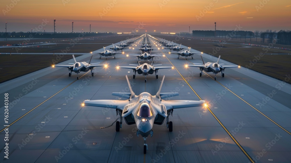 Row of Fighter Jets on Airport Runway - obrazy, fototapety, plakaty 