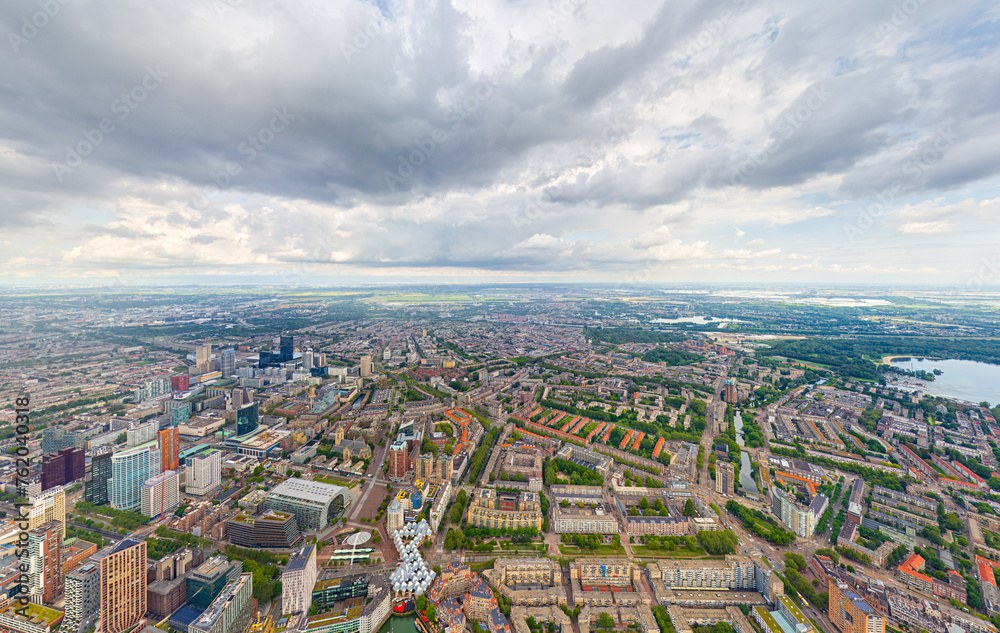 Rotterdam, Netherlands. Panorama of the summer city in rainy weather. Clouds. Aerial view