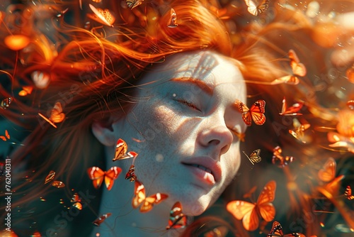 Portrait of a woman with long red hair surrounded by many flying butterflies
