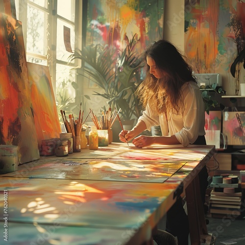 An aspiring young artist is captured in a moment of inspiration, brush in hand, as she adds vibrant strokes to an abstract canvas in her sunlit art studio.