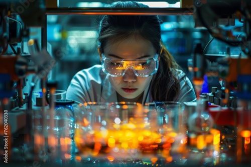 Focused Female Scientist Examining Specimen Samples in a High-Tech Laboratory Environment