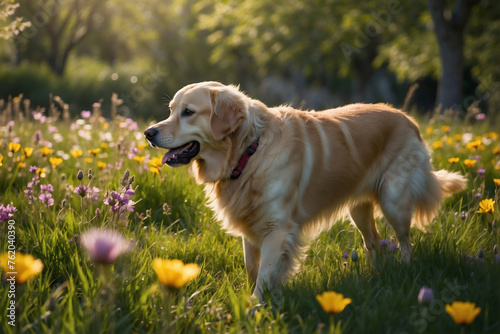 Glücklicher Golden Retriever tollt auf sonniger Frühlingswiese mit bunten Blumen