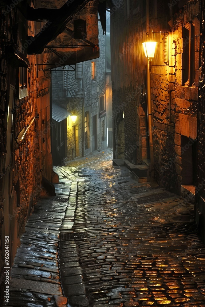 Wander through the narrow alleys of an ancient city, the cobblestones glistening with rain under the dim light of flickering torches, Generative AI