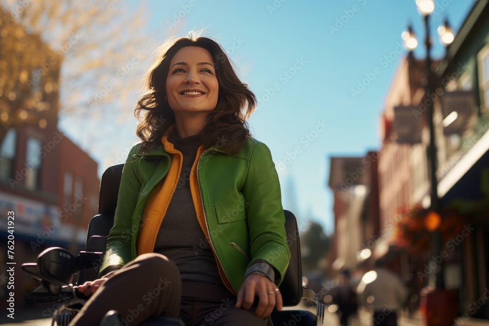 Fototapeta premium Woman in Green Jacket Riding Scooter