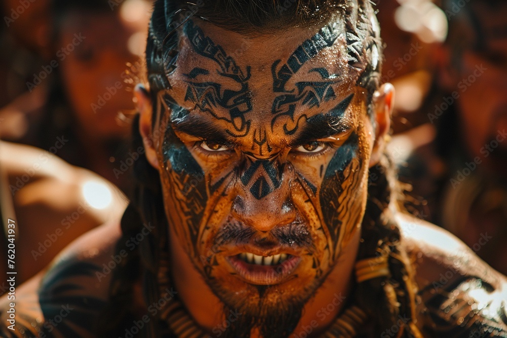 Maori warriors with tattooed interfaces their haka intimidating even AI opponents , high resolution DSLR