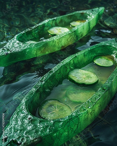 Kayaks shaped like hollowedout cucumbers gliding silently through mintinfused waters photo