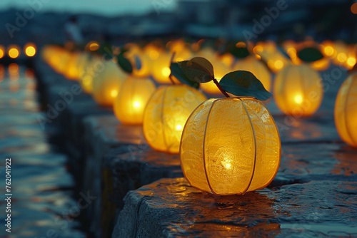 Lemons that light up from within used as lanterns in a festival celebrating the sourness of life , film stock photo