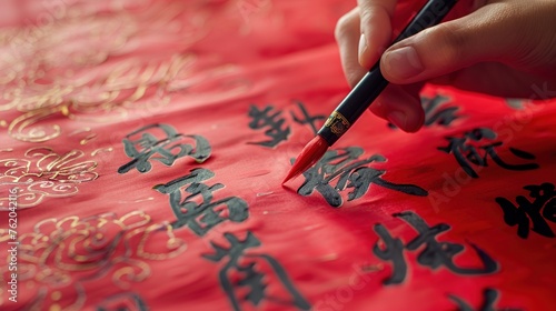 Close-up shot of hand writing chinese calligraphy on red paper photo