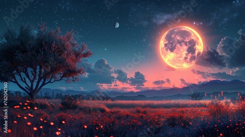 Night Scene With Full Moon in Sky
