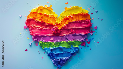 A heart crafted from colored paper, representing diversity and love, stands out against a serene blue background