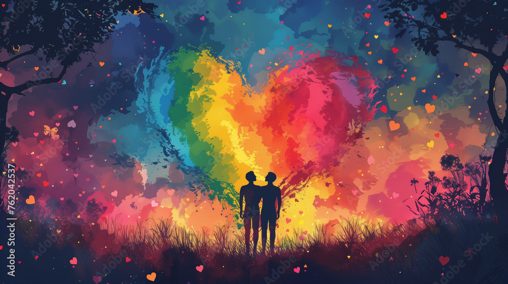 Fototapeta premium Two individuals symbolizing love and unity, standing proudly in front of a heart, surrounded by the colors of the rainbow flag