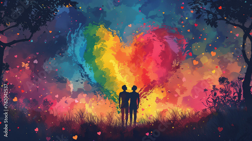 Two individuals symbolizing love and unity, standing proudly in front of a heart, surrounded by the colors of the rainbow flag