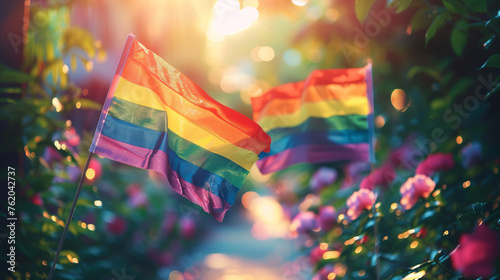 A vibrant rainbow flag gracefully flutters in the air, representing pride and unity