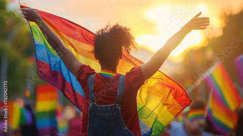 A woman in overalls proudly holds a rainbow flag, symbolizing her support and celebration of the LGBTQ+ community during Pride Month photo