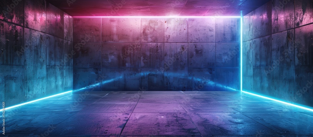 Dark concrete room interior background with neon lighting. Dark concrete room interior background with neon lighting.