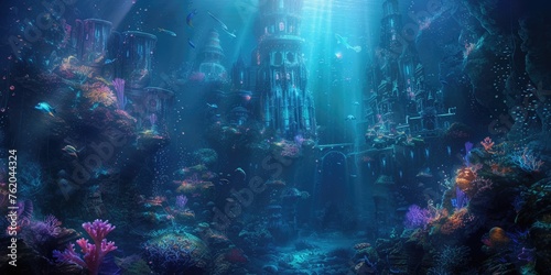 An underwater city with bioluminescent coral, schools of colorful fish, and ancient ruins, all illuminated by the eerie glow of an underwater volcano. Resplendent.