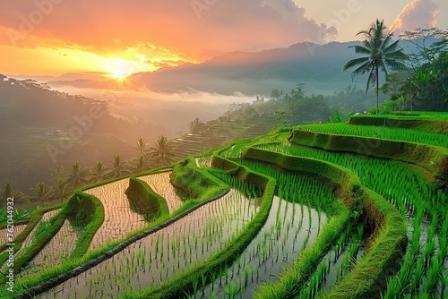 Green Rice fields on terraced during sunrise photo
