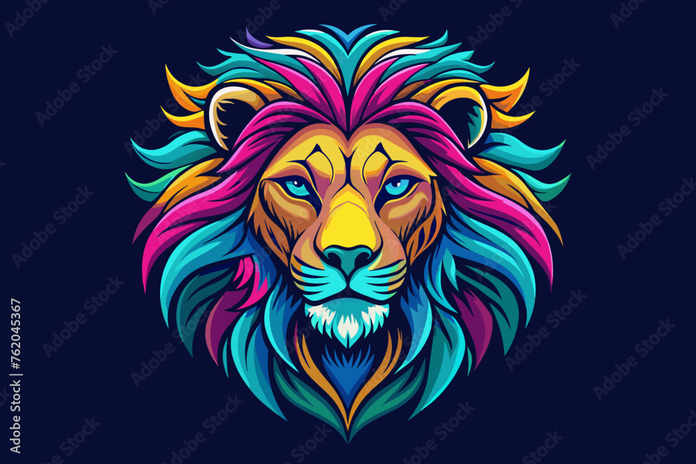 a hippy lion head, , print ready vector t-shirt design, sticker dark black background, professional vector, high detail, t-shirt design, graffiti, vibrant, Use only all shades of magenta, teal blue, l