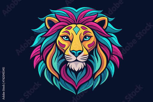 a hippy lion head    print ready vector t-shirt design  sticker dark black background  professional vector  high detail  t-shirt design  graffiti  vibrant  Use only all shades of magenta  teal blue  l