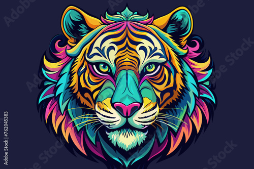 a hippy lion head    print ready vector t-shirt design  sticker dark black background  professional vector  high detail  t-shirt design  graffiti  vibrant  Use only all shades of magenta  teal blue  l