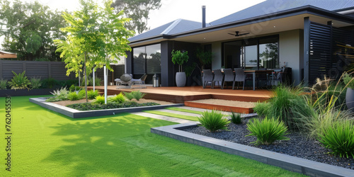 modern house with a backyard with artificial grass and wooden deck.
