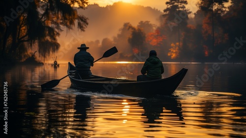 Two People Canoeing on Lake Sunset