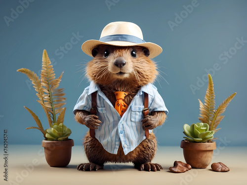 Beautiful funny beaver in shirt and glasses