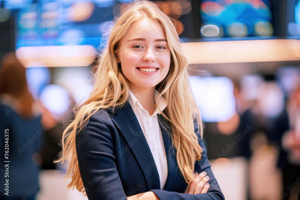Blonde business woman in blue formal wear in trading floor, finance stock Blonde business woman in blue formal wear in trading floor, finance stock
