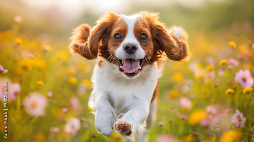 Spaniel is happy in a blooming meadow.